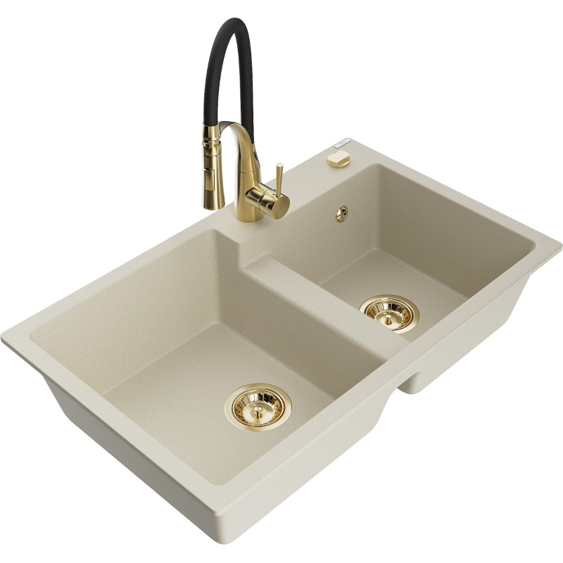 Mexen Tomas granitische 2-kamer gootsteen met keukenmengkraan Aster, beige - 6516-69-73450-57-G