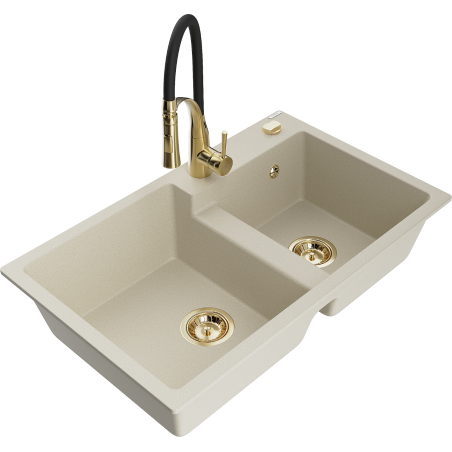 Mexen Tomas 2-bowl Granite Sink with Aster Kitchen Faucet, Beige - 6516-69-73450-57-G