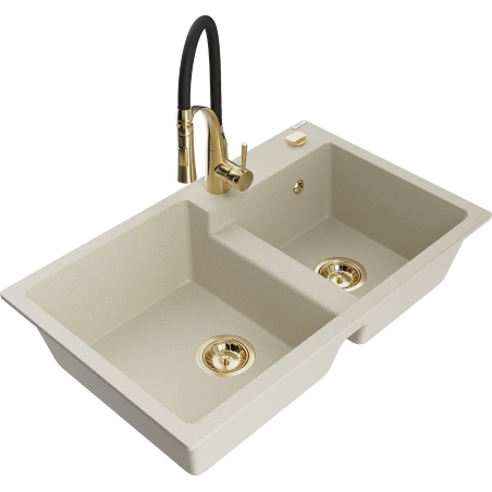 Mexen Tomas granitische 2-kamer gootsteen met keukenmengkraan Aster, beige - 6516-69-73450-57-G