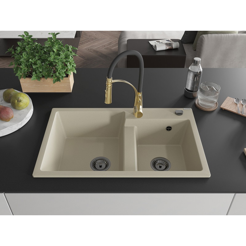 Mexen Tomas Granitische 2-kamer gootsteen met keukenmengkraan Aster, beige - 6516-69-73450-57-B