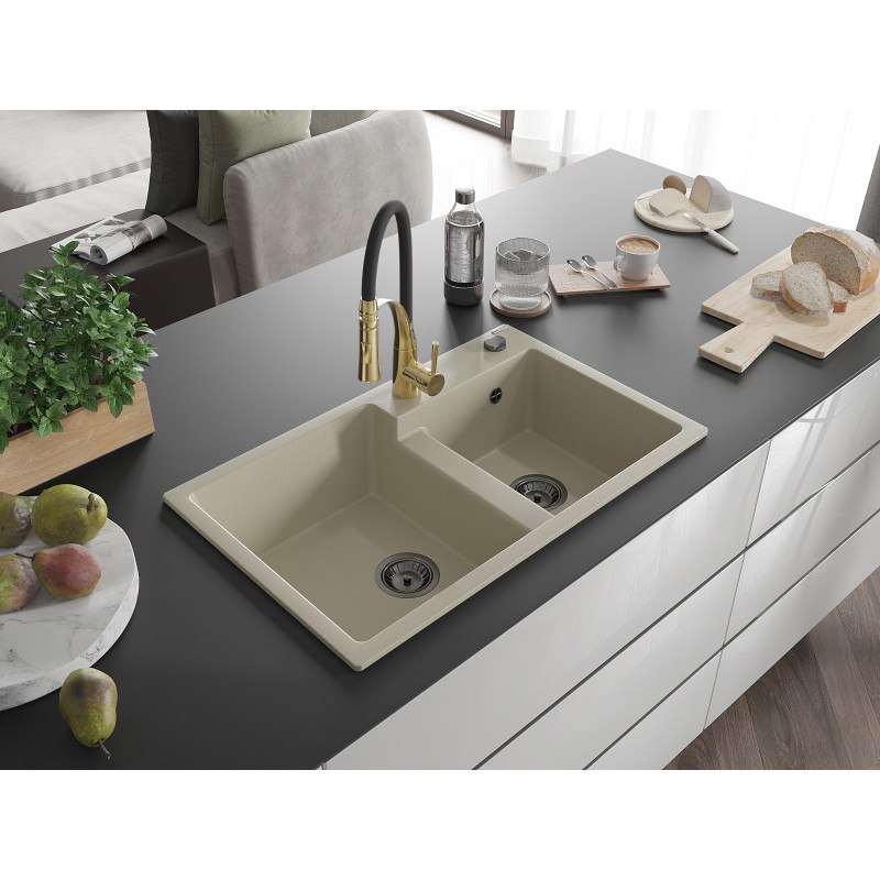 Mexen Tomas évier en granit 2 cuves avec robinet de cuisine Aster, beige - 6516-69-73450-57-B