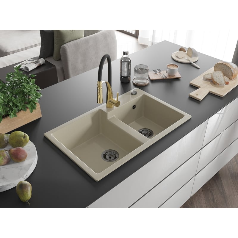 Mexen Tomas granitische gootsteen met 2 kamers en keukenmengkraan Aster, beige - 6516-69-73450-57-B