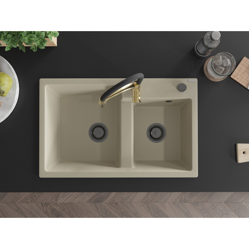 Mexen Tomas évier en granit à 2 cuves avec robinet de cuisine Aster, beige - 6516-69-73450-57-B
