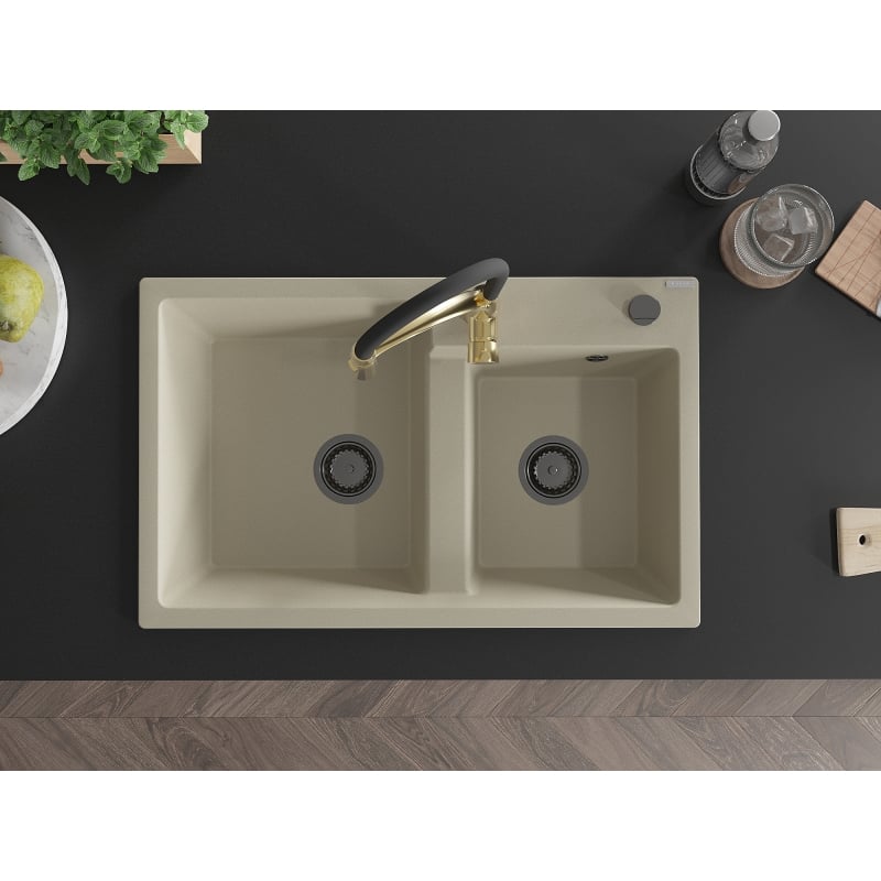 Mexen Tomas granitische gootsteen met 2 kamers en keukenmengkraan Aster, beige - 6516-69-73450-57-B
