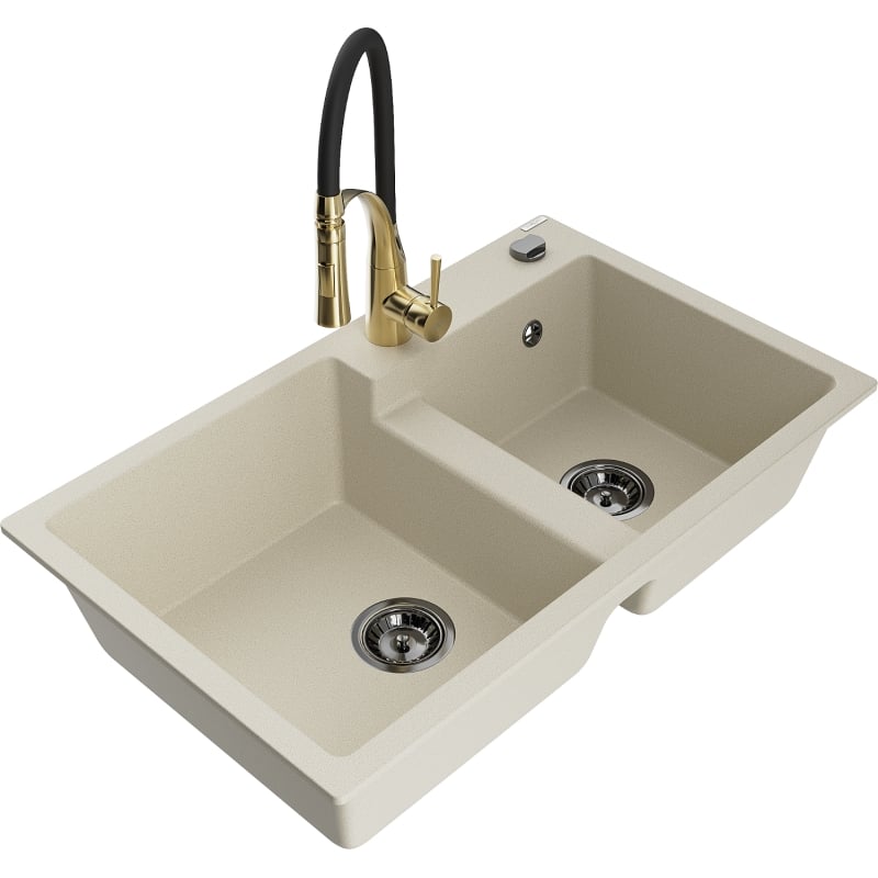 Mexen Tomas granitische gootsteen met 2 kamers en keukenmengkraan Aster, beige - 6516-69-73450-57-B
