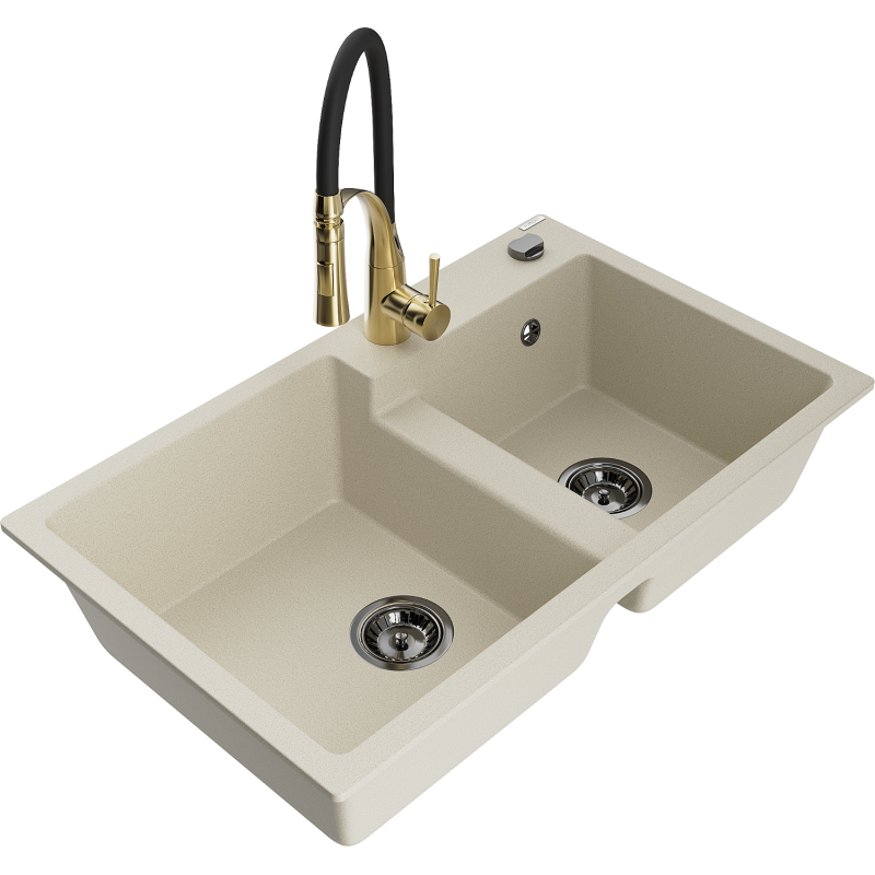 Mexen Tomas lava-loiça de granito 2-cubas com torneira de cozinha Aster, bege - 6516-69-73450-57-B