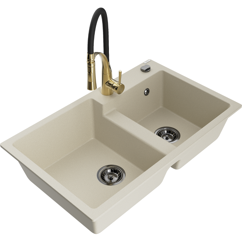 Mexen Tomas lavello da cucina in granito a 2 vasche con rubinetto Aster, beige - 6516-69-73450-57-B