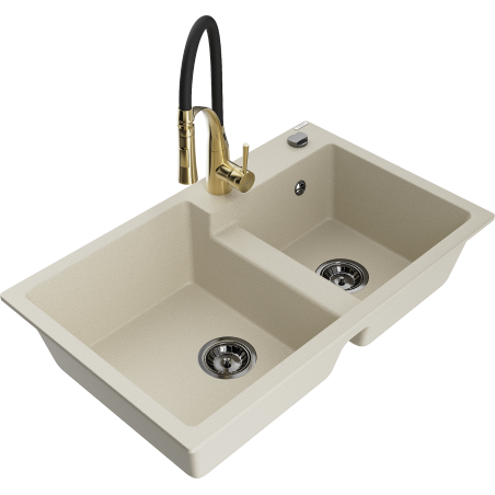 Mexen Tomas granite sink 2-chamber with Aster kitchen tap, beige - 6516-69-73450-57-B
