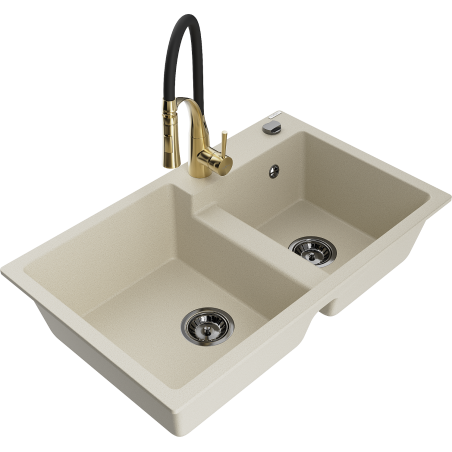 Mexen Tomas granitische gootsteen met 2 kamers en keukenmengkraan Aster, beige - 6516-69-73450-57-B