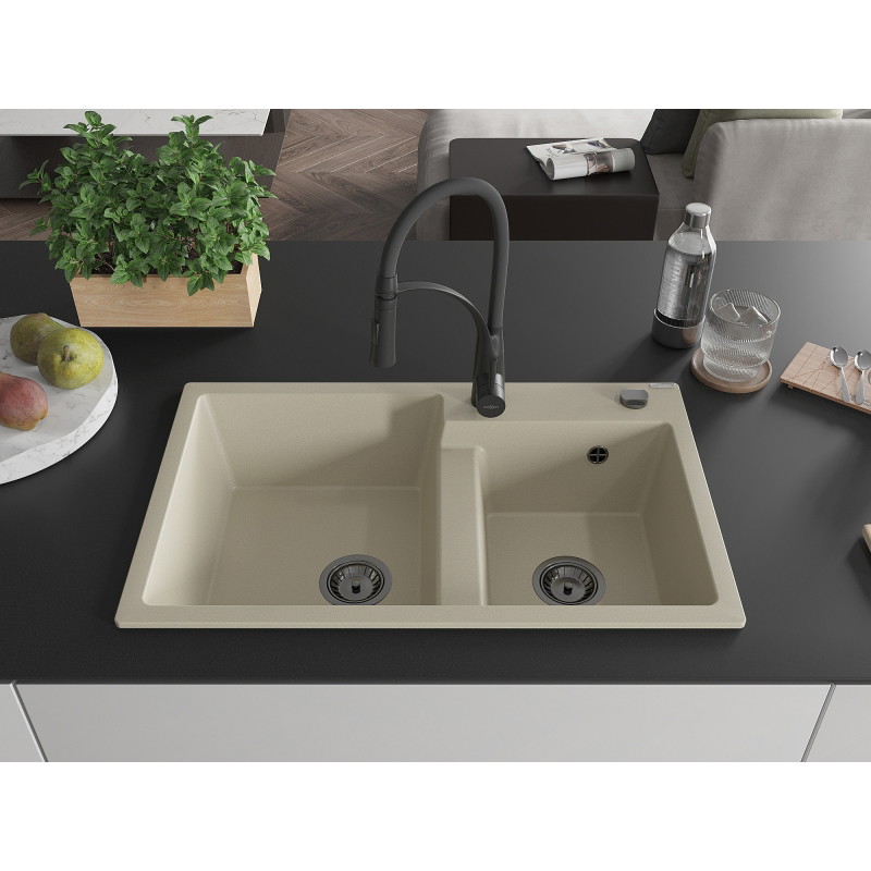 Mexen Tomas fregadero de granito de 2 compartimentos con grifo de cocina Aster, beige - 6516-69-73450-70-B