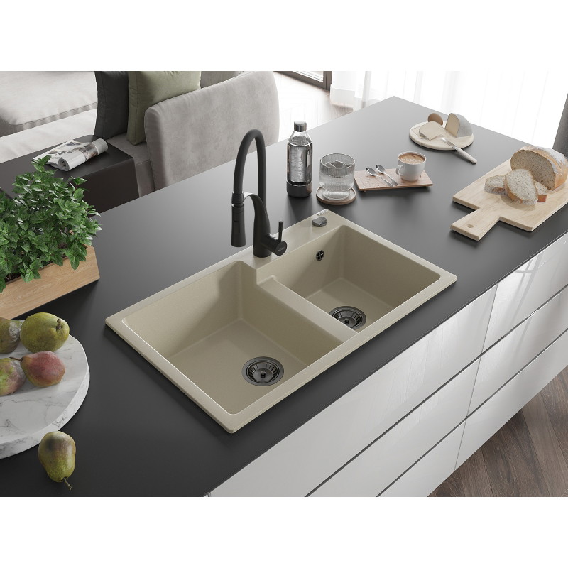 Mexen Tomas fregadero de granito de 2 compartimentos con grifo de cocina Aster, beige - 6516-69-73450-70-B