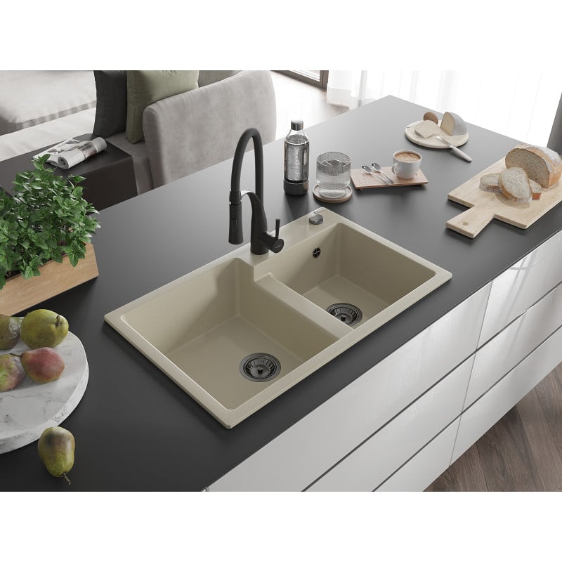Mexen Tomas granite double-bowl sink with Aster kitchen tap, beige - 6516-69-73450-70-B