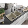 Mexen Tomas granite double-bowl sink with Aster kitchen tap, beige - 6516-69-73450-70-B