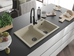 Mexen Tomas lavello in granito a 2 vasche con rubinetto da cucina Aster, beige - 6516-69-73450-70-B