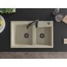Mexen Tomas granite double-bowl sink with Aster kitchen tap, beige - 6516-69-73450-70-B