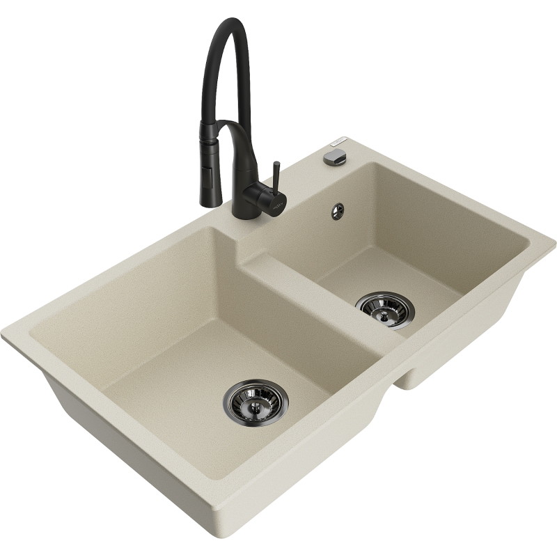 Mexen Tomas granieten spoelbak met 2 kommen en keukenkraan Aster, beige - 6516-69-73450-70-B