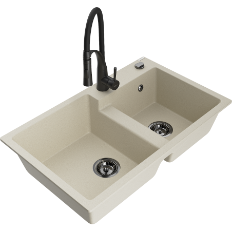 Mexen Tomas divpadsmit granīta izlietne ar divām kamerām un virtuves jaucējkrānu Aster, bēša - 6516-69-73450-70-B