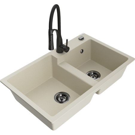 Mexen Tomas granieten spoelbak met 2 kommen en keukenkraan Aster, beige - 6516-69-73450-70-B
