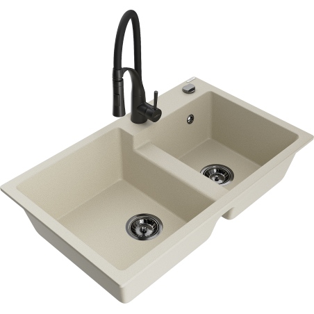 Mexen Tomas granite double-bowl sink with Aster kitchen tap, beige - 6516-69-73450-70-B