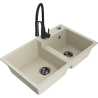 Mexen Tomas granite double-bowl sink with Aster kitchen tap, beige - 6516-69-73450-70-B