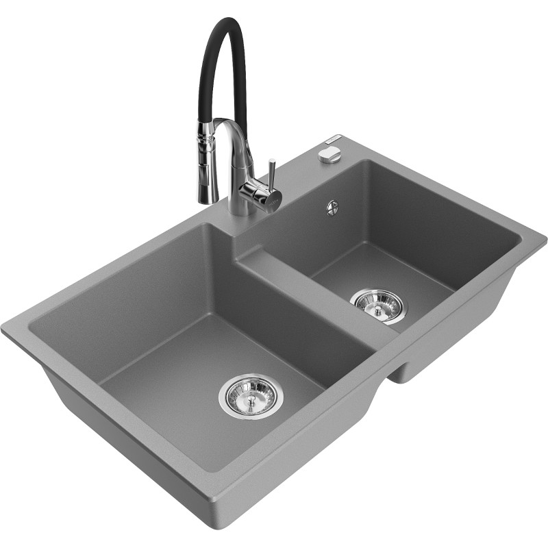 Mexen Tomas évier en granit à 2 bacs avec robinet de cuisine Aster, gris - 6516-71-73450-07
