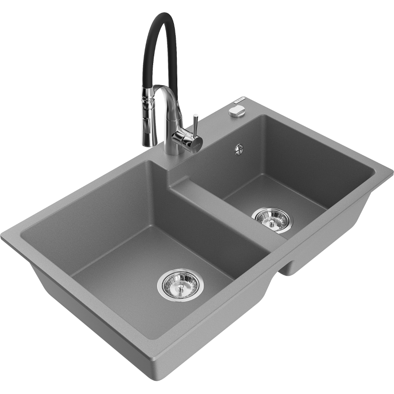Mexen Tomas Granite 2-Bowl Kitchen Sink with Aster Tap, Grey - 6516-71-73450-07