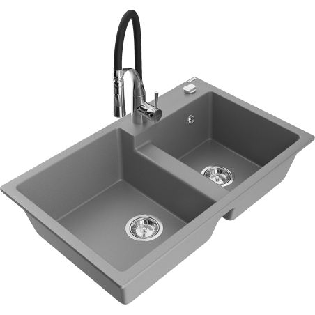 Mexen Tomas fregadero de granito de 2 compartimentos con grifo de cocina Aster, gris - 6516-71-73450-07