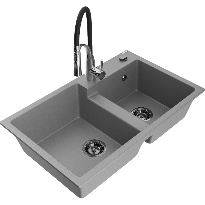 Mexen Tomas fregadero de granito de 2 senos con grifo de cocina Aster, gris - 6516-71-73450-07-B