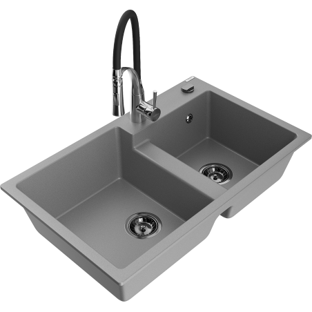 Mexen Tomas fregadero de granito de 2 senos con grifo de cocina Aster, gris - 6516-71-73450-07-B