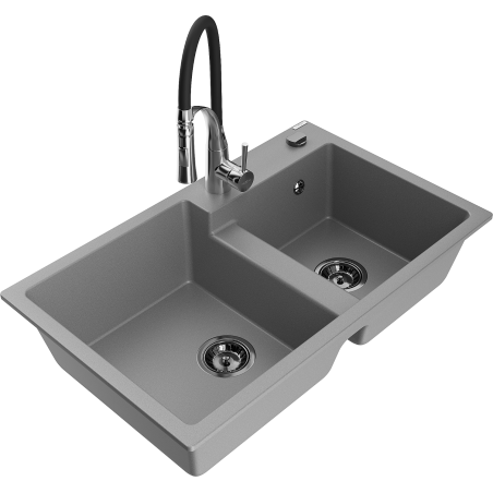 Mexen Tomas Granite Kitchen Sink 2-Bowl with Aster Tap, Grey - 6516-71-73450-07-B