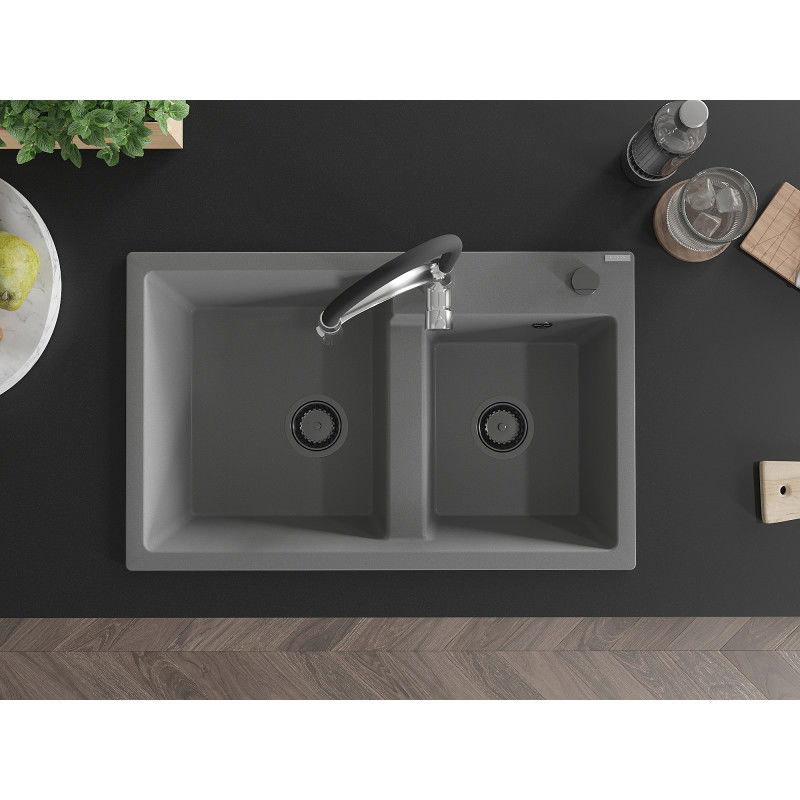 Mexen Tomas fregadero de granito de 2 senos con grifo de cocina Aster, gris - 6516-71-73450-07-B