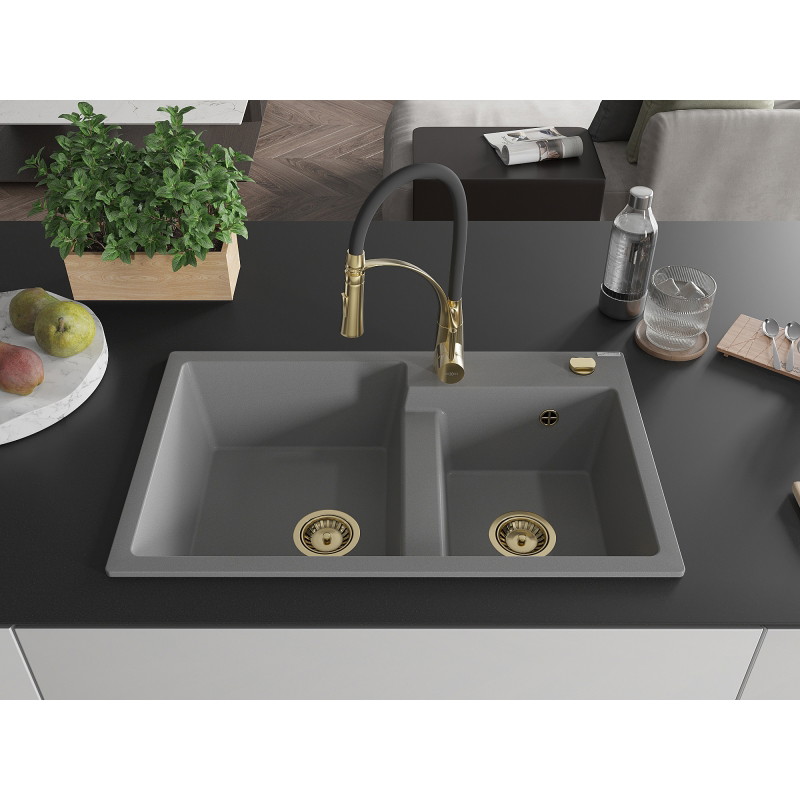 Mexen Tomas fregadero de granito de 2 compartimentos con grifo de cocina Aster, gris - 6516-71-73450-57-G