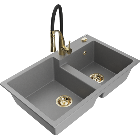 Mexen Tomas fregadero de cocina de granito de 2 compartimentos con grifo Aster, gris - 6516-71-73450-57-G