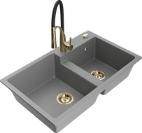 Mexen Tomas granite sink 2-bowl with Aster kitchen tap, grey - 6516-71-73450-57-G