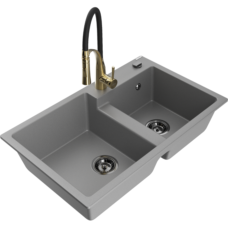 Mexen Tomas lavello da cucina in granito a 2 vasche con rubinetto da cucina Aster, grigio - 6516-71-73450-57-B