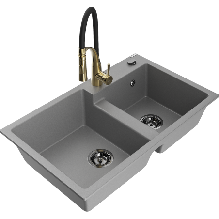 Mexen Tomas fregadero de cocina de granito de 2 senos con grifo Aster, gris - 6516-71-73450-57-B