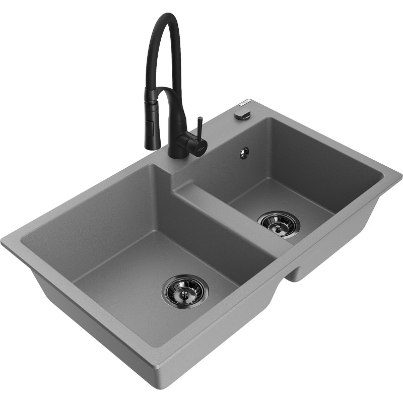 Mexen Tomas fregadero de granito de 2 compartimentos con grifo de cocina Aster, gris - 6516-71-73450-70-B