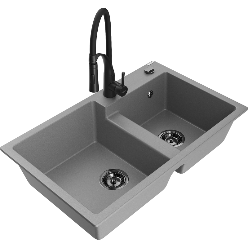 Mexen Tomas granite kitchen sink 2-bowl with Aster kitchen tap, grey - 6516-71-73450-70-B