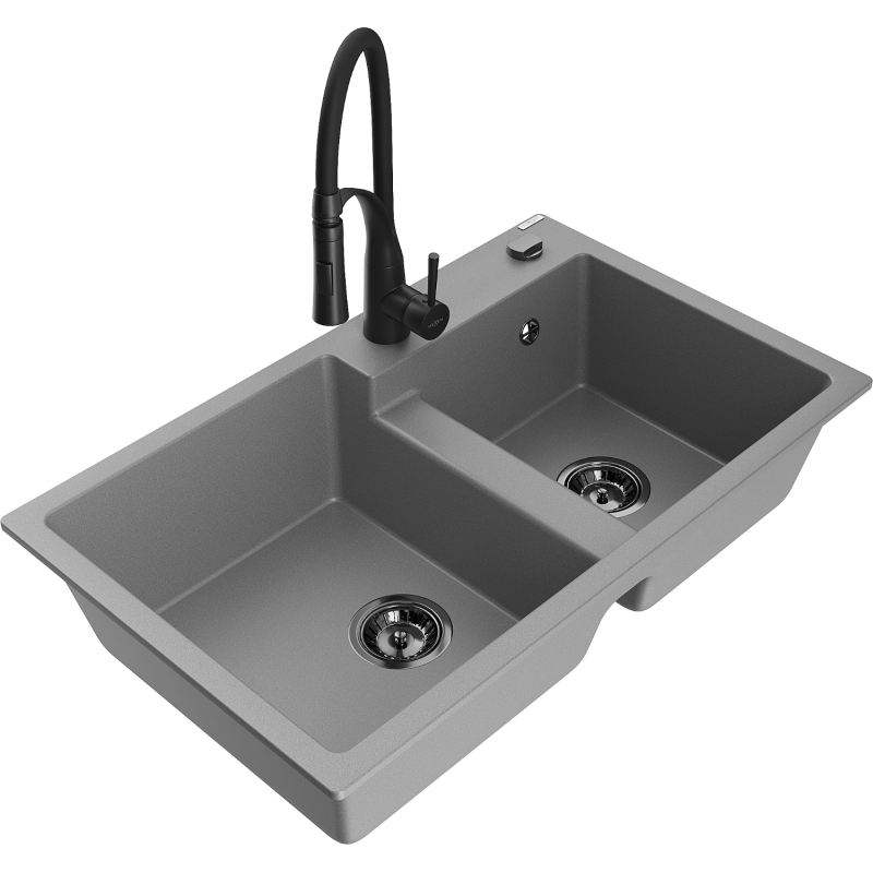 Mexen Tomas lavello in granito a 2 vasche con miscelatore da cucina Aster, grigio - 6516-71-73450-70-B