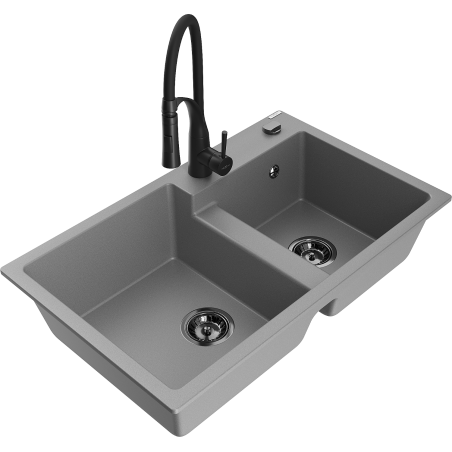 Mexen Tomas lavello in granito a 2 vasche con miscelatore da cucina Aster, grigio - 6516-71-73450-70-B