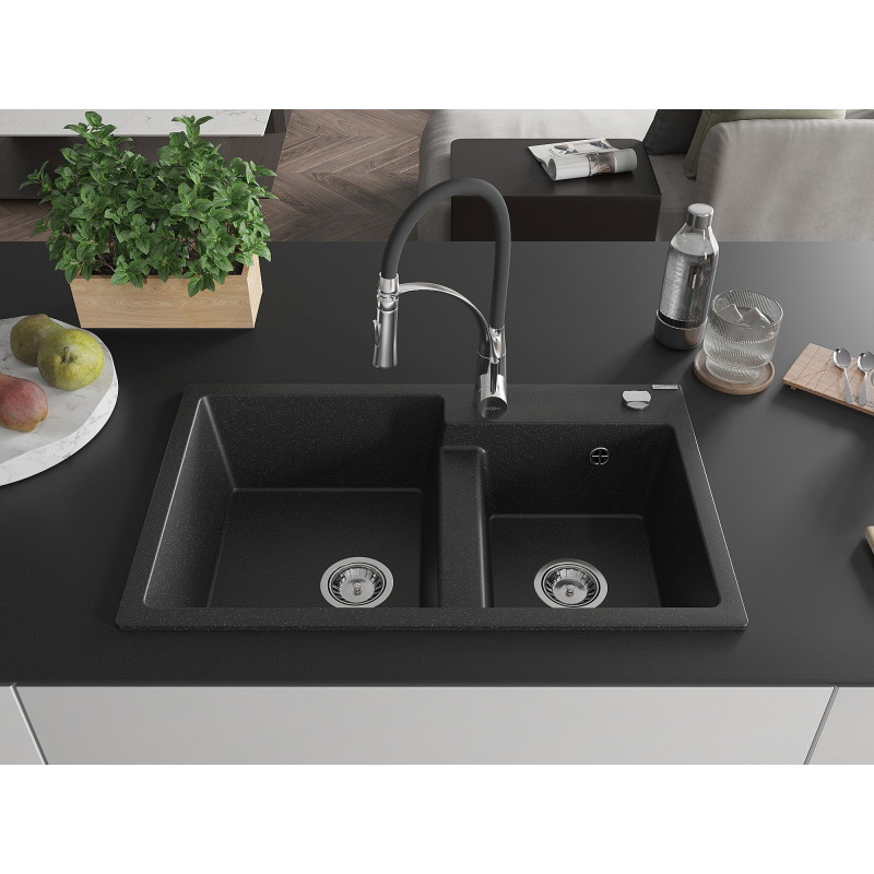 Mexen Tomas granitische spoelbak met 2 kamers en keukenmengkraan Aster, zwart/zilver metallic - 6516-73-73450-07
