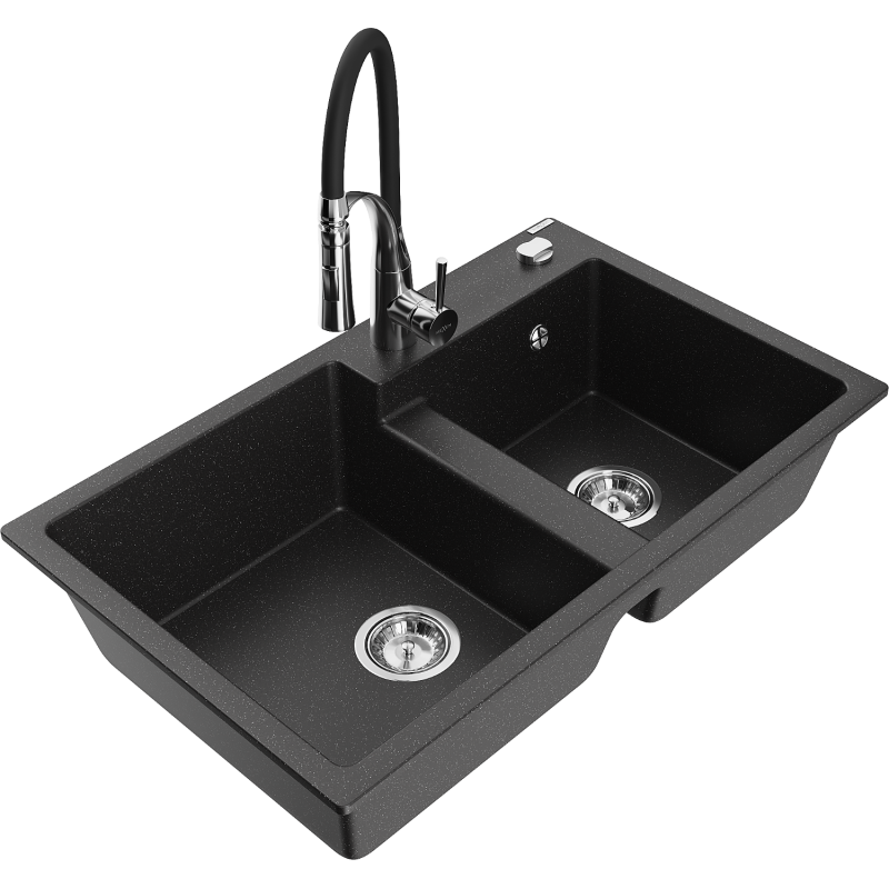 Mexen Tomas granite sink 2-bowl with Aster kitchen tap, black/silver metallic - 6516-73-73450-07