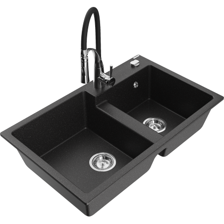 Mexen Tomas granitische spoelbak met 2 kamers en keukenmengkraan Aster, zwart/zilver metallic - 6516-73-73450-07