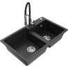 Mexen Tomas granieten spoelbak met 2 compartimenten en keukenmengkraan Aster, zwart/zilverkleurige metallic - 6516-73-73450-07