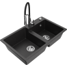 Mexen Tomas granite sink 2-bowl with Aster kitchen tap, black/silver metallic - 6516-73-73450-07