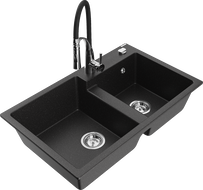 Mexen Tomas granite sink 2-bowl with Aster kitchen tap, black/silver metallic - 6516-73-73450-07
