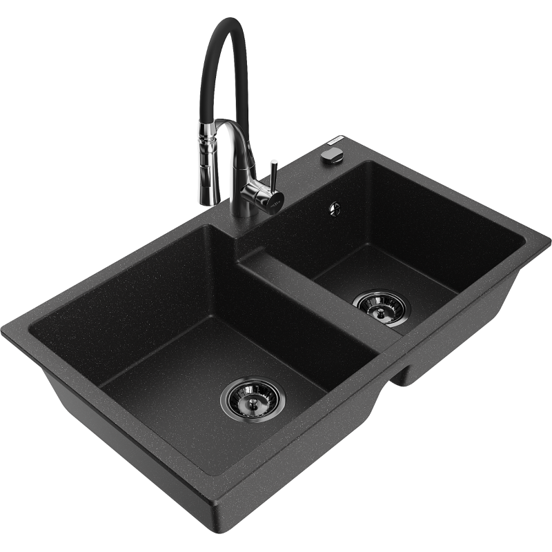 Mexen Tomas granite kitchen sink 2-bowl with Aster kitchen tap, black/silver metallic - 6516-73-73450-07-B