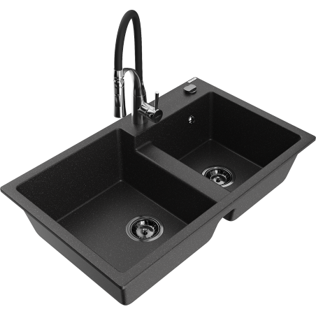 Mexen Tomas fregadero de granito de 2 compartimentos con grifo de cocina Aster, negro/plata metálica - 6516-73-73450-07-B