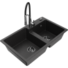 Mexen Tomas granitische gootsteen met 2 kamers met keukenmengkraan Aster, zwart/zilver metallic - 6516-73-73450-07-B