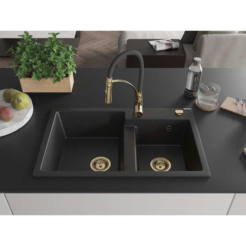 Mexen Tomas Granitspüle, 2-Kammer, mit Küchenarmatur Aster, schwarz/silber metallic - 6516-73-73450-57-G